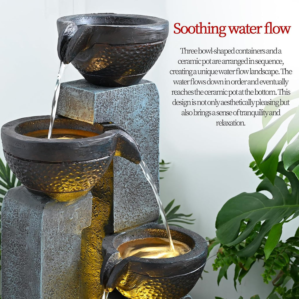 40' Inch Water Fountain Outdoor&Indoor 4-Tiers Large Outdoor Patio Decor Gray Garden Water Fountain for Outside Waterfall with LED Light&Pump Resin Modern Floor-Standing Water Feature Outdoor