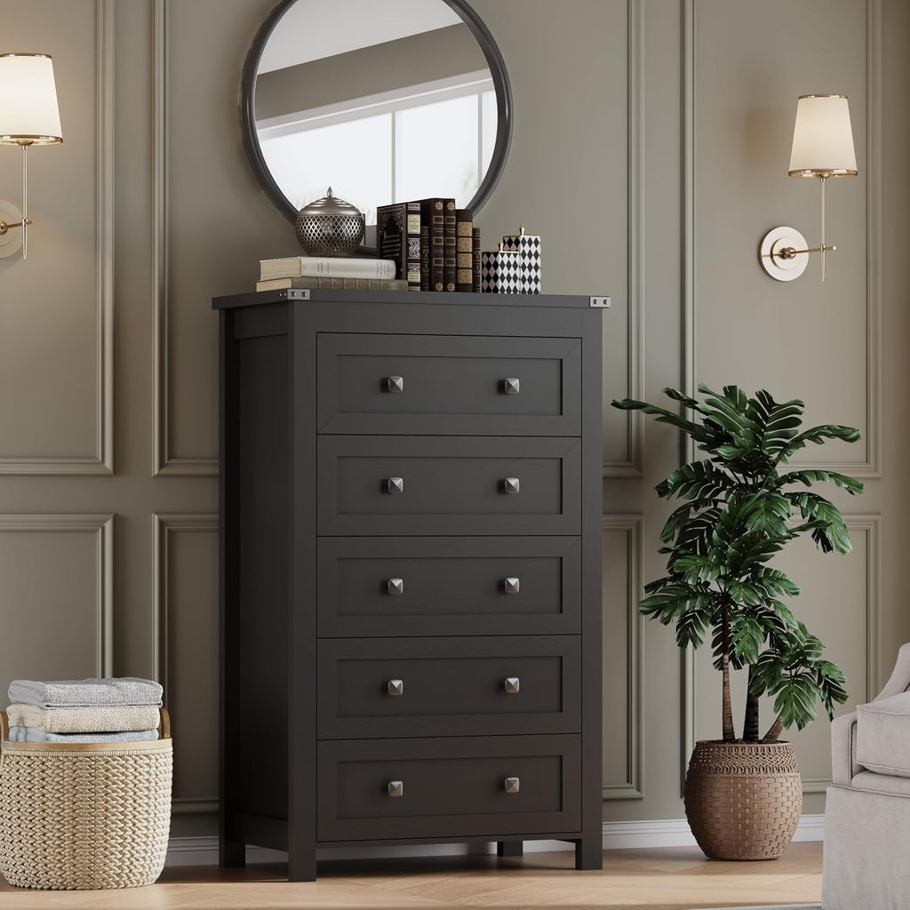 BORNOON Tall 5-Drawer Dresser, Modern Wooden Storage Chest of Drawers, Dresser TV Stand, Wood Drawer Organizer with Metal Handles for Bedroom, Living Room, Hallway