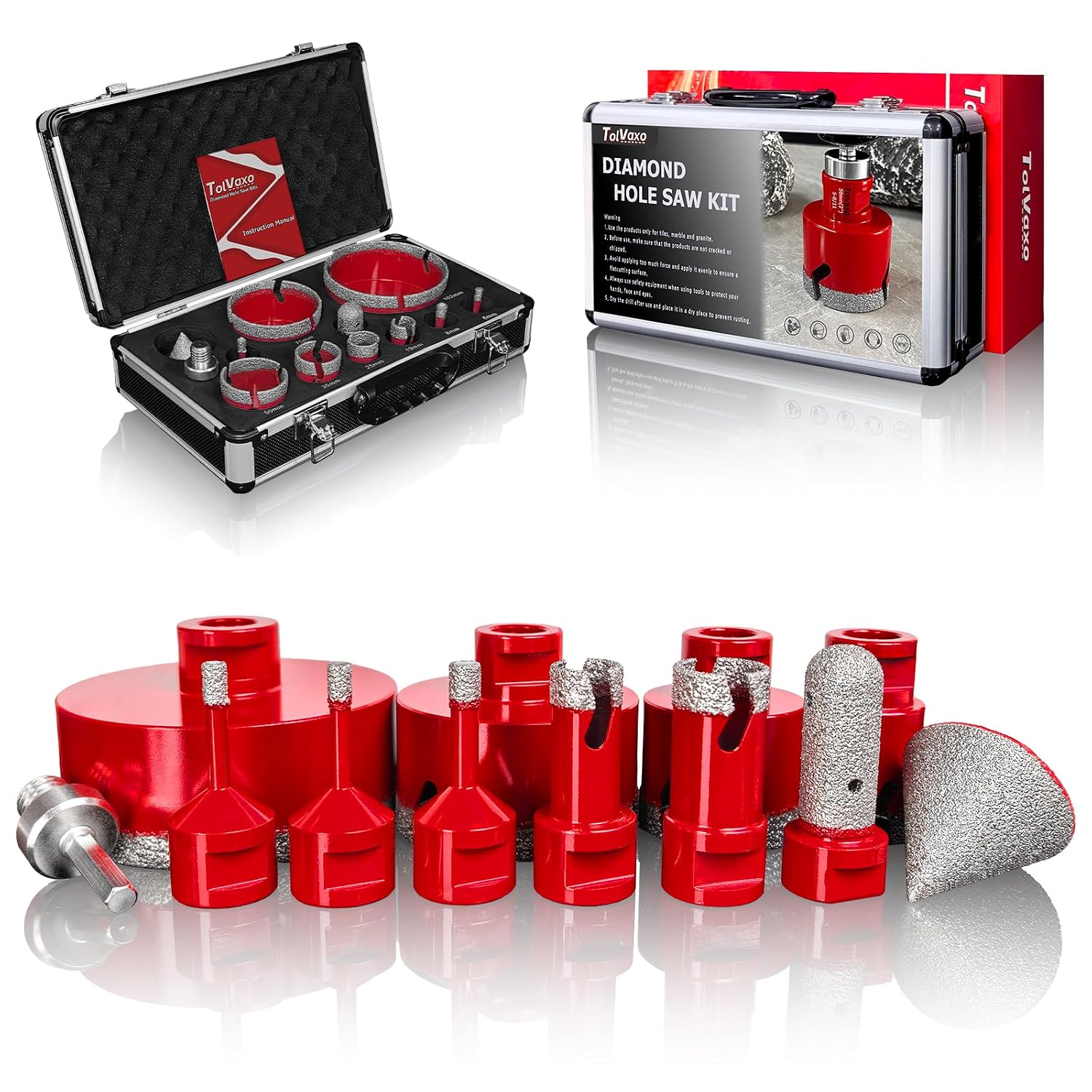 Diamond Hole Saw Kit, Tile Hole Saw Kit with 12Pcs 6/6/8/19/25/35/50/75/102mm for Porcelain Tile, Granite, Marble, Ceramic and More Drilling