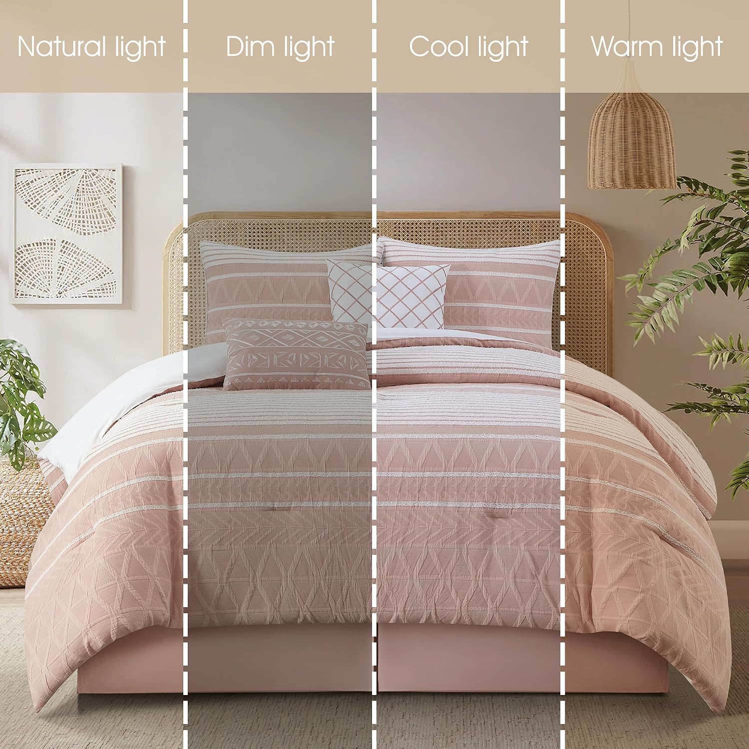 Grand Avenue Cotton Queen Size Comforter Set, 6 Piece, Blush Geometric Jacquard Bedding Set, Bedskirt, Pillows & Shams, Home Decor