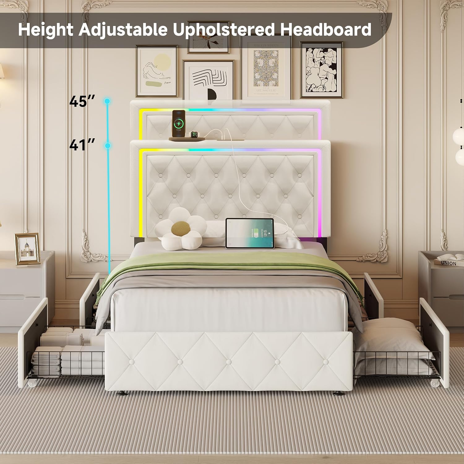LED Twin Bed Frames with Headboard and Storage,Twin Size Bed Frames with 4 Storage Drawers and LED Lights,Velvet Upholstered Platform Twin Bed Frame with Charging Station,No Box Spring Needed,White