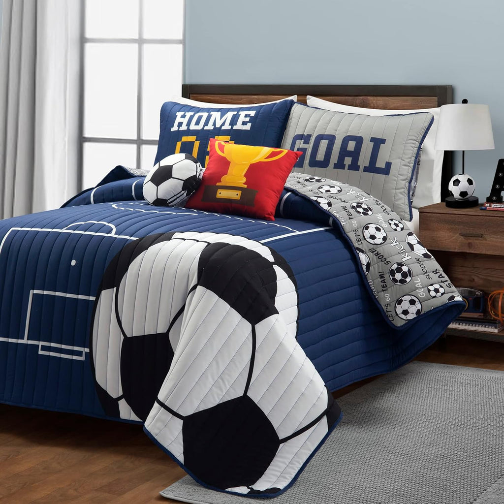 Lush Decor Soccer Game Reversible Quilt Quen Size 4 Piece Set Full/Queen Navy & Gray - Toddler Bedding Set Full Quilt - Sports Decor - Soccer Bedding