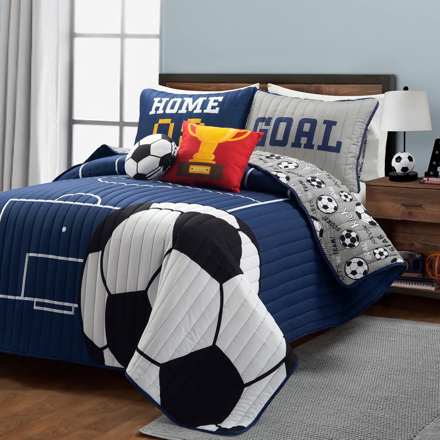 Lush Decor Soccer Game Reversible Quilt Quen Size 4 Piece Set Full/Queen Navy & Gray - Toddler Bedding Set Full Quilt - Sports Decor - Soccer Bedding