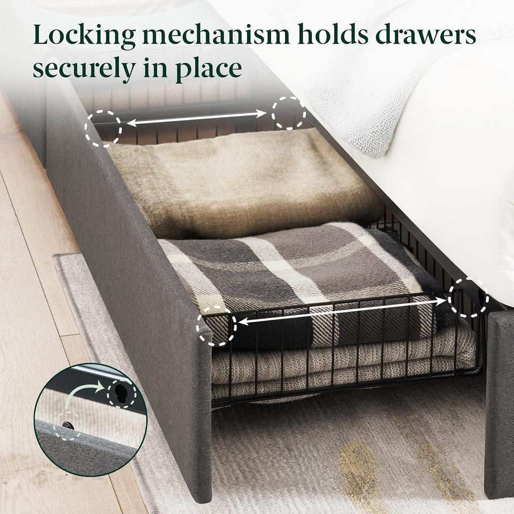 Zinus Billie Platform Bed Frame, Four Underbed Storage Drawers, Height Adjustable Headboard, Upholstered Style, Full