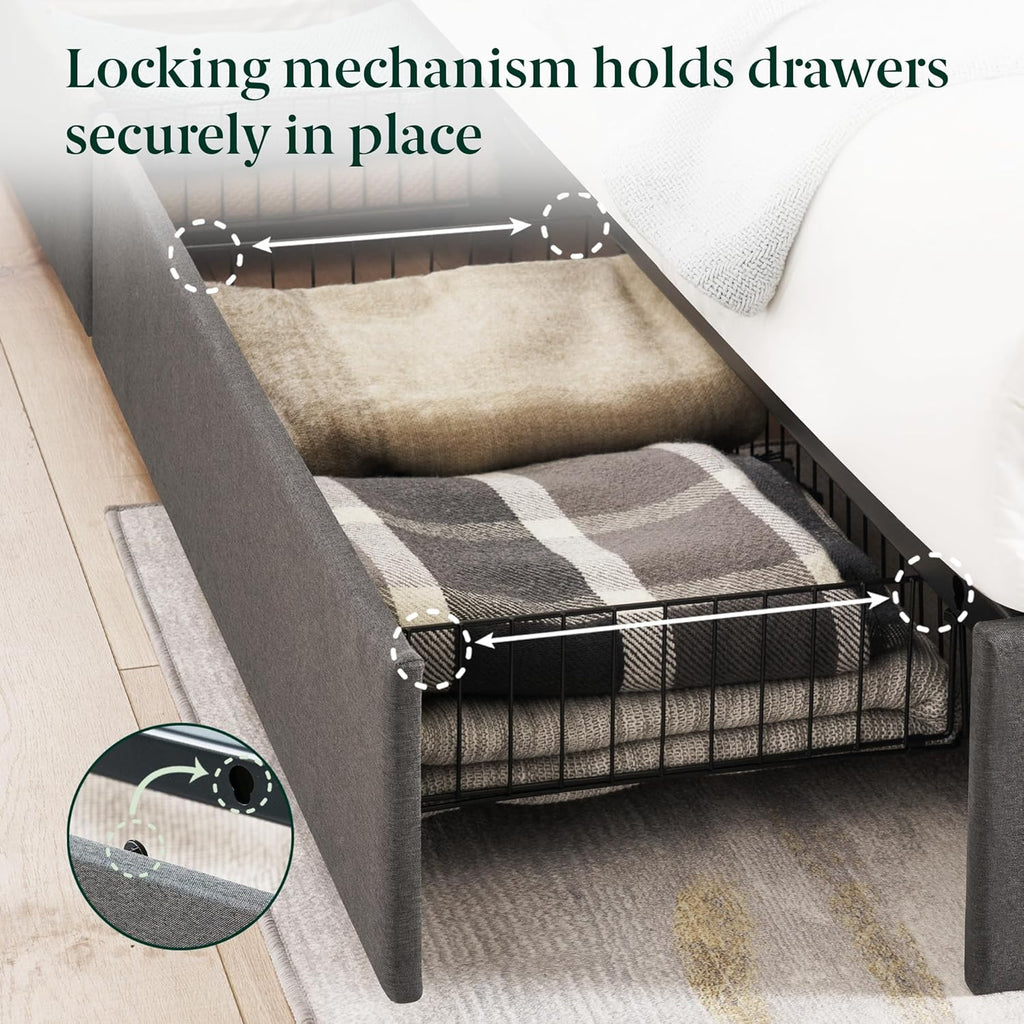 Zinus Billie Platform Bed Frame, Four Underbed Storage Drawers, Height Adjustable Headboard, Upholstered Style, Queen