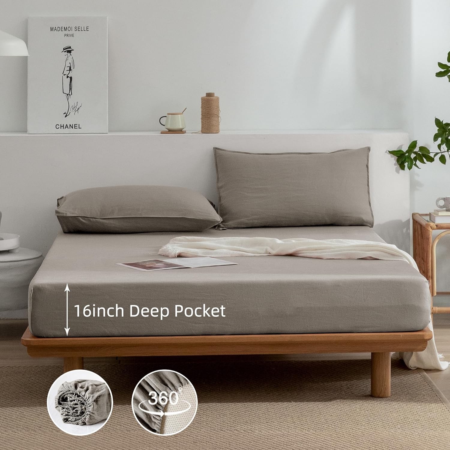 EVERLY Linen Full Size Sheets Set,100% French Washed Pure Linen Bed Sheets Deep Pocket Sheets,4Pieces(1Flat Sheet,1Fitted Sheet,2Pillowcase) Suitable for Hot Sleepers,180GSM Natural Linen Bedding Set
