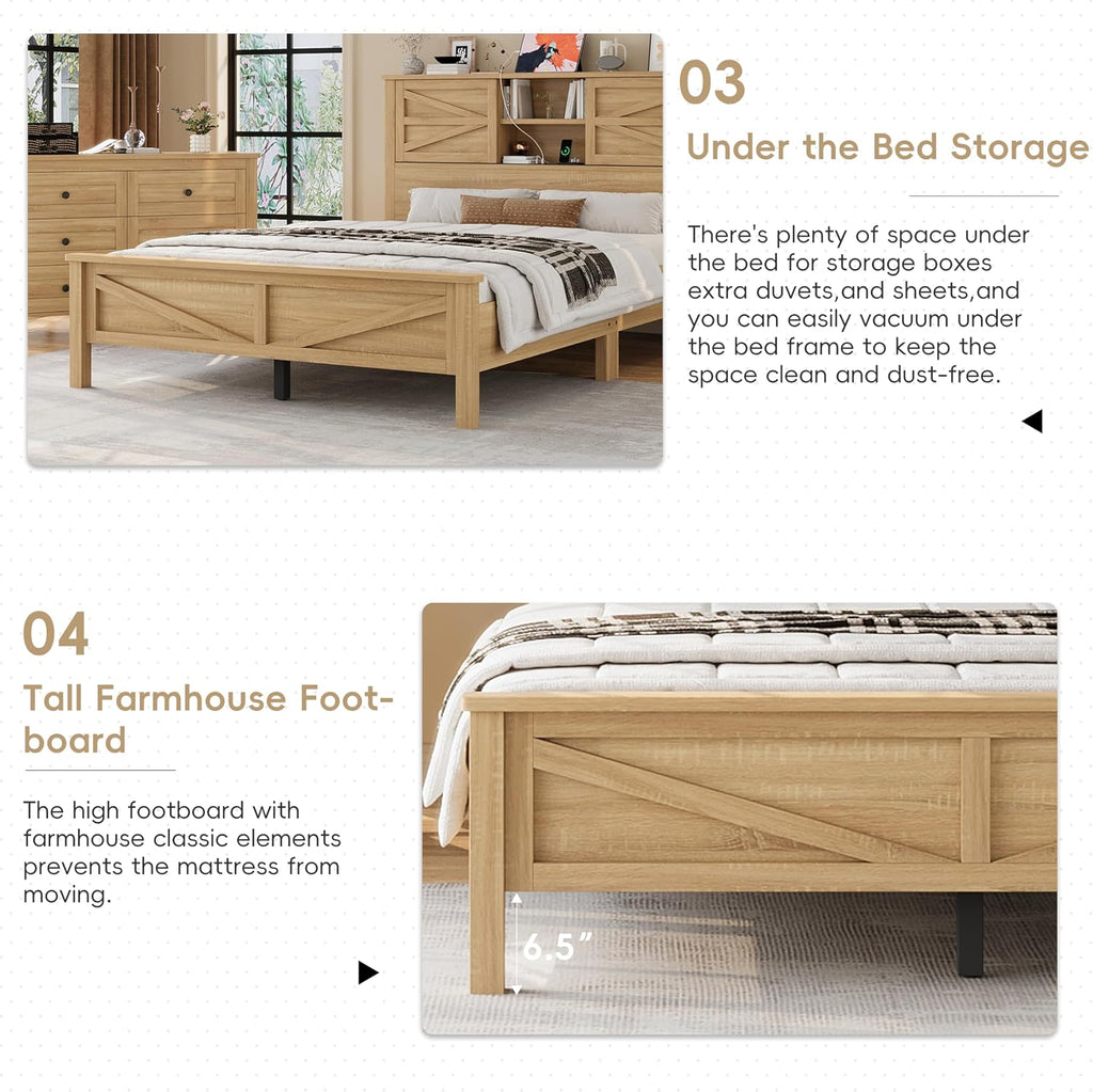 Harper & Bright Designs 3-Pieces Bedroom Sets Queen Size Farmhouse Platform Bed with Double Sliding Door Storage Headboard and Charging Station, Storage Nightstand and Dresser, Natural