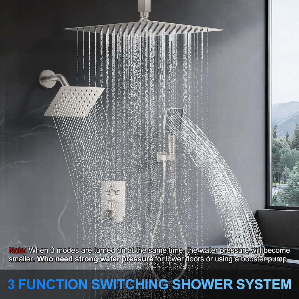 Shower Faucet Set, 12' Ceiling Mount Rainfall Shower System with 2 Rain Shower Head and Multi-function Handheld Head Push Button Diverter Shower Faucet Trim Kit (12', Brushed Nickel)