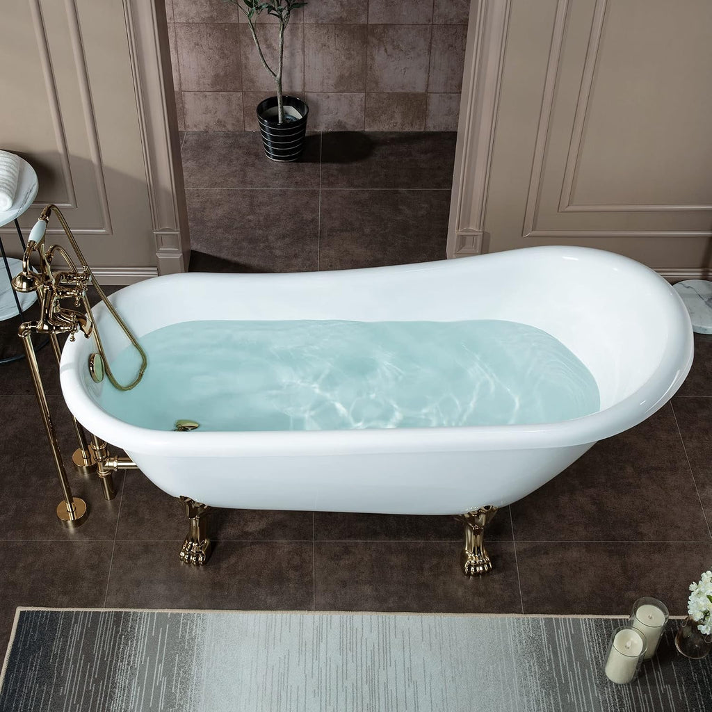 WOODBRIDGE All Inclusive Package 67' Heavy Duty Acrylic Slipper Clawfoot Bath Tub with Polished Gold Feet+Polished Gold Drain &Overflow +PG Faucet