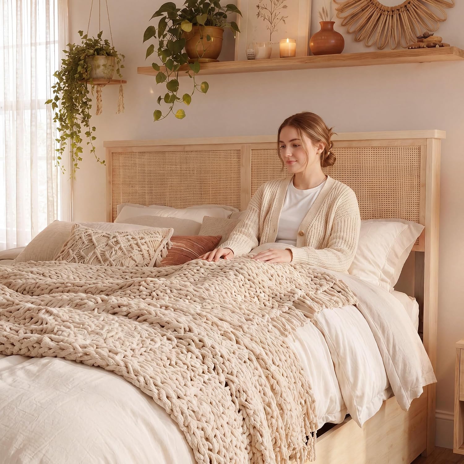 Brafab Natural Rattan Full Size Bed Frame with Wooden Headboard and 4 Storage Drawers, Boho Light Oak Bedframe Cane Wood Metal Platform Beds with Strong Wooden Slat, Noise Free, No Box Spring Needed