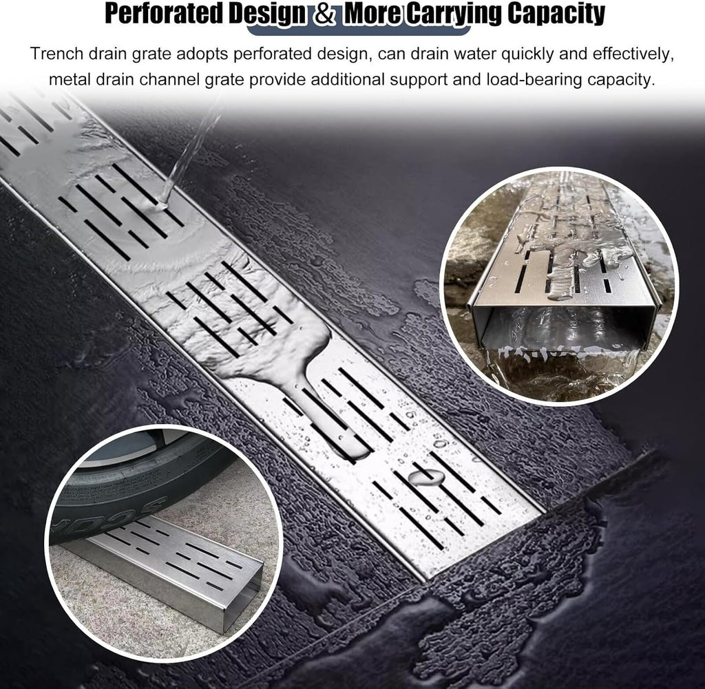 French Drain Kit Under Ground Drainage System, 2 Inch Outside Trench Drains for Concrete Driveways Walkway/ Slim Patio Drainage Gutter Pit, Stainless Steel Floor Drain Trough with Grate/ Grating(Silve
