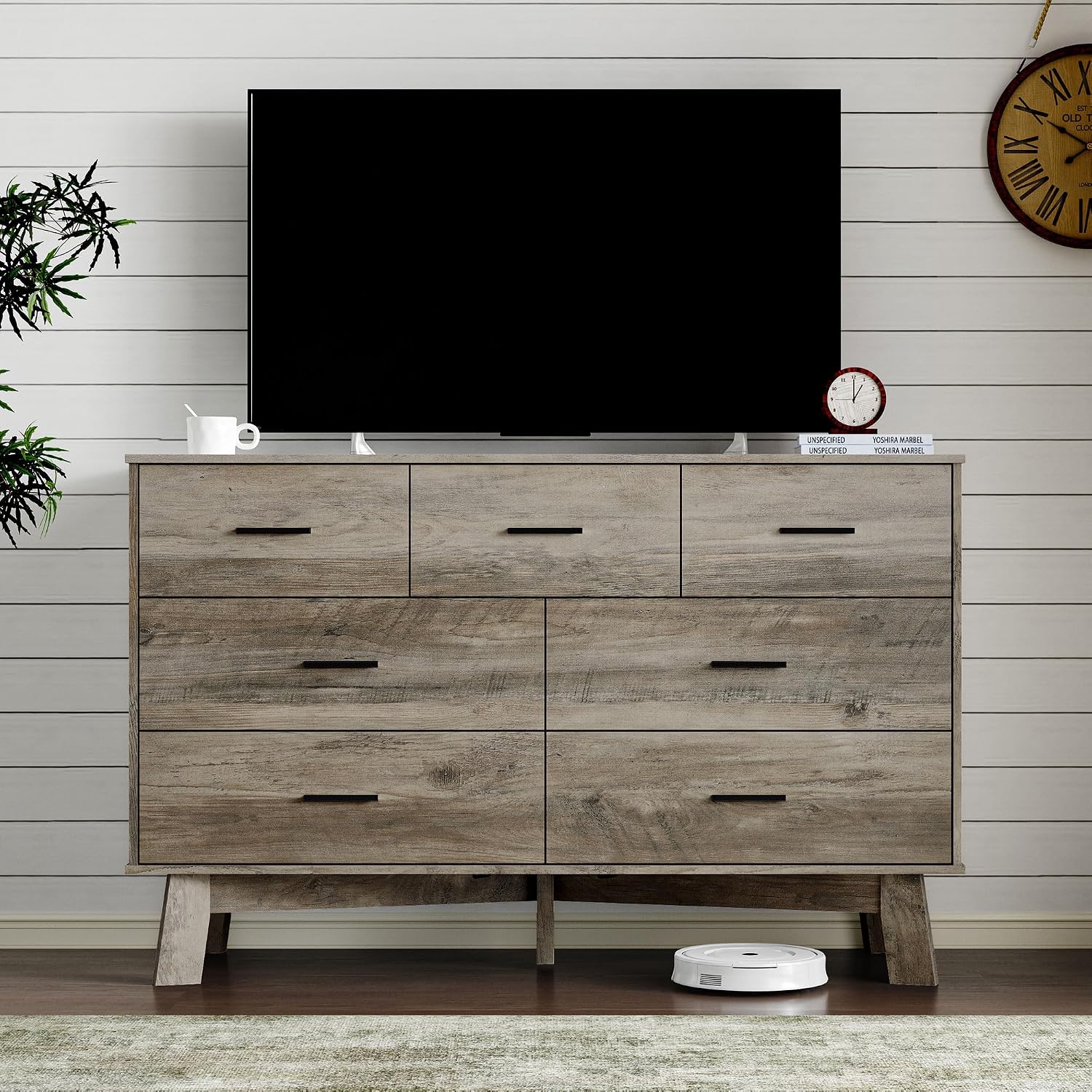 BORNOON Dresser for Bedroom with 7-Drawer, 47.2' Wide Modern Chest of Drawers with Metal Handles, X-Shape Base & Adjustable Center Leg, Anti-Tip Closet Organizers and Storage