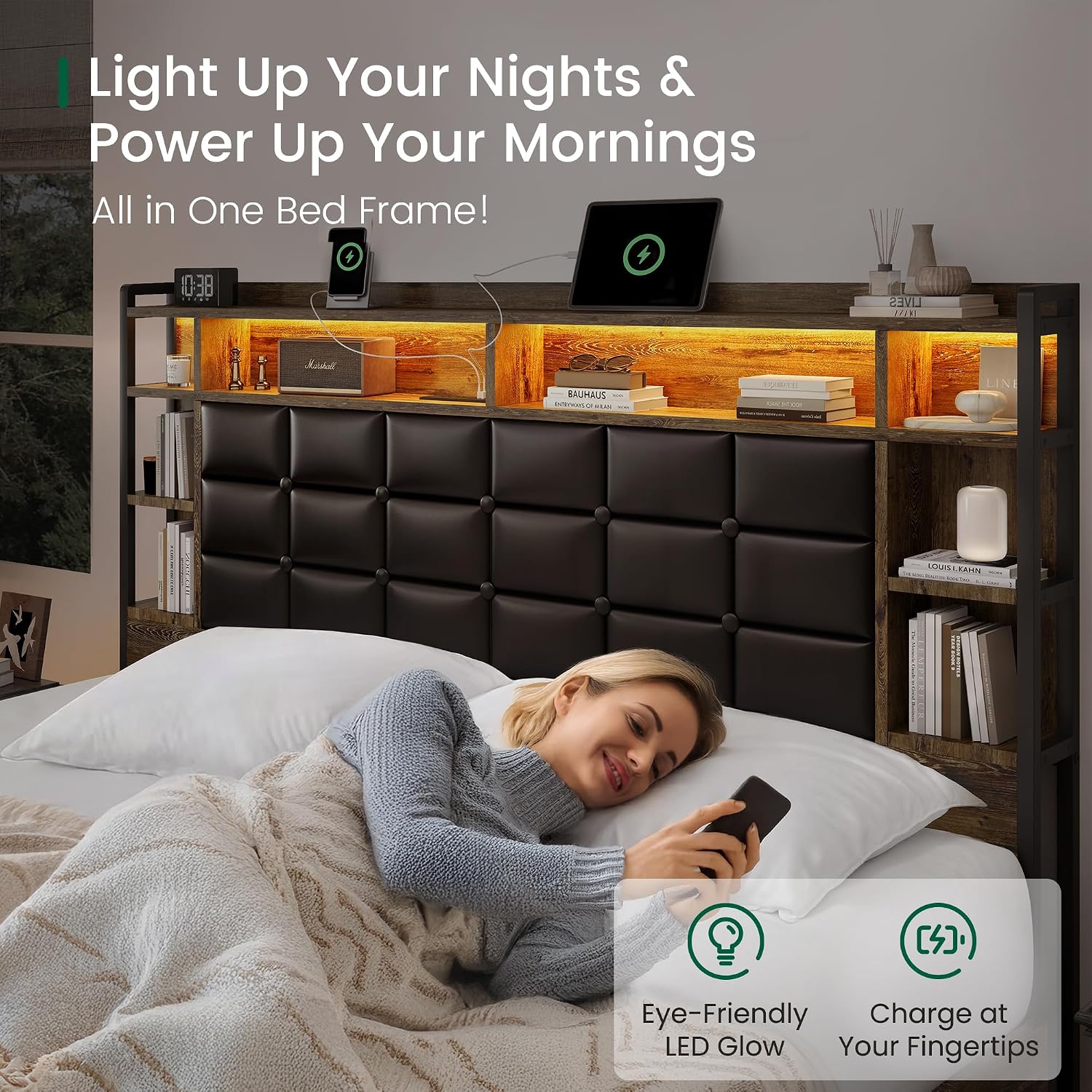 LARMACE Queen Size Bed Frame with 4 Storage Drawers and Bookcase Headboard, Faux Leather Upholstered, Wooden Platform Bed Frame with Charging Station and LED Lights, No Box Spring Needed, Brown