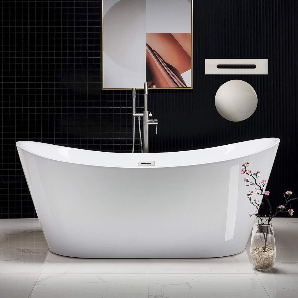 WOODBRIDGE 71'Freestanding White Acylic Soaking Bathtub with Brushed Nickel Drain and Overflow,B0017-BN