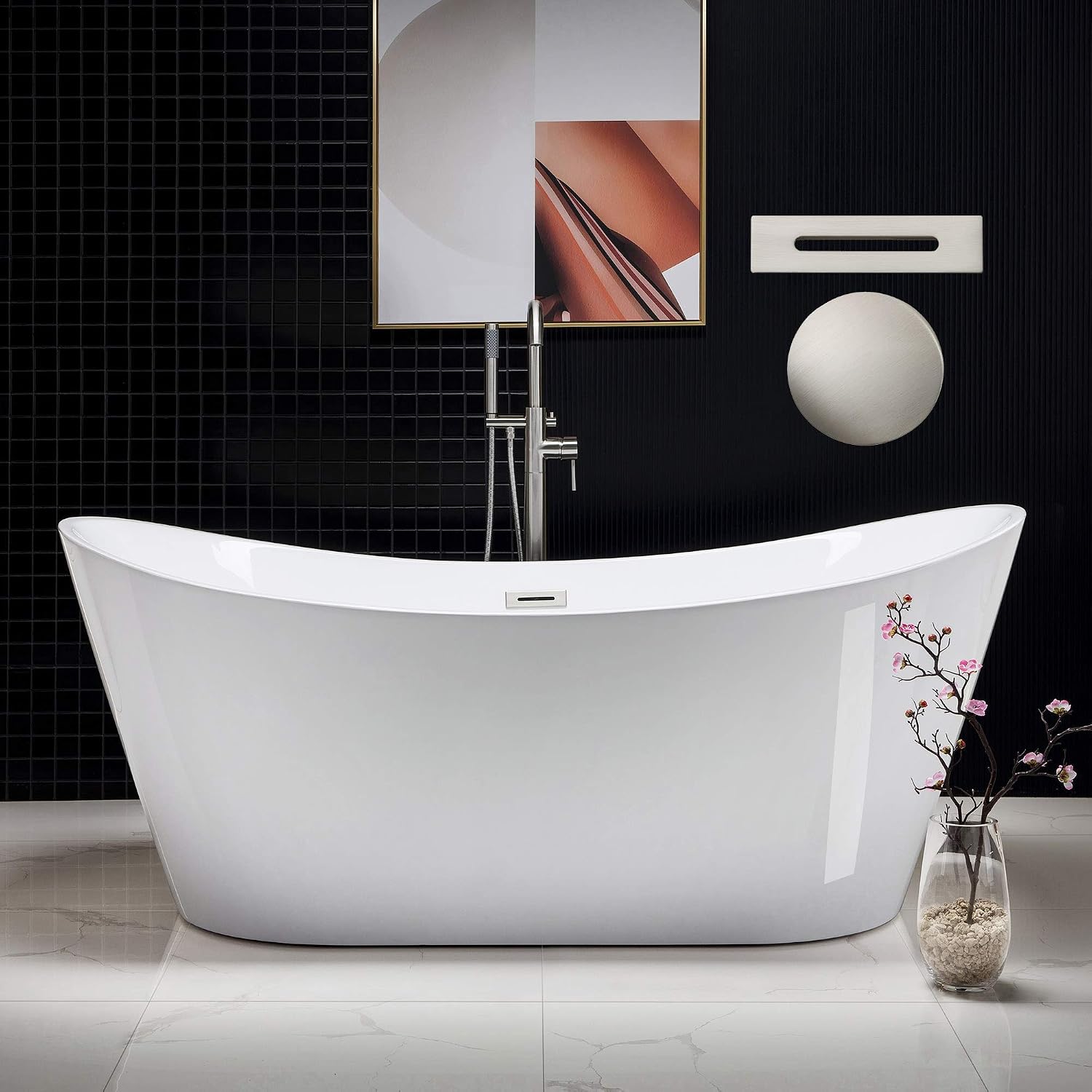 WOODBRIDGE 71'Freestanding White Acylic Soaking Bathtub with Brushed Nickel Drain and Overflow,B0017-BN