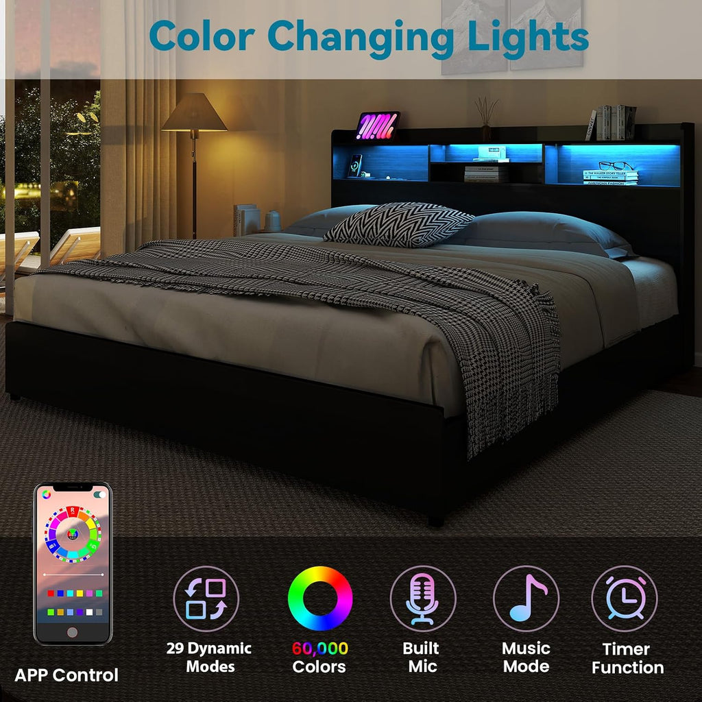 Kiivakii Queen Size Bed Frame with 4 Storage Drawers, LED Headboard with Charging Station, Metal Bed Frames, No Box Spring Needed, Noise Free, Stable and Solid, Black
