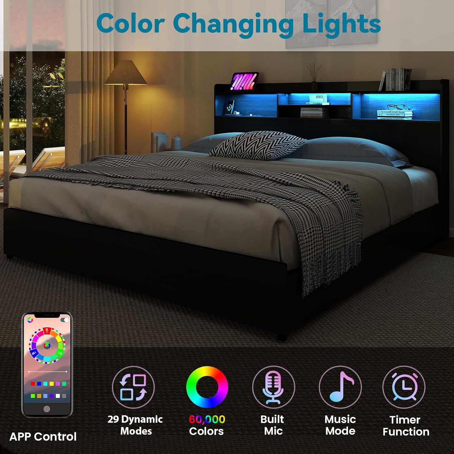 Kiivakii Queen Size Bed Frame with 4 Storage Drawers, LED Headboard with Charging Station, Metal Bed Frames, No Box Spring Needed, Noise Free, Stable and Solid, Black
