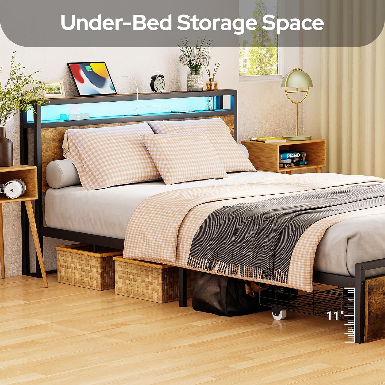 Zevemomo Queen Bed Frame with Storage Drawers, Bed Frame Queen Size with Headboard, LED Light, Charging Station with 3 USB Ports & 1 Type-C Port, No Noise, Rustic Brown