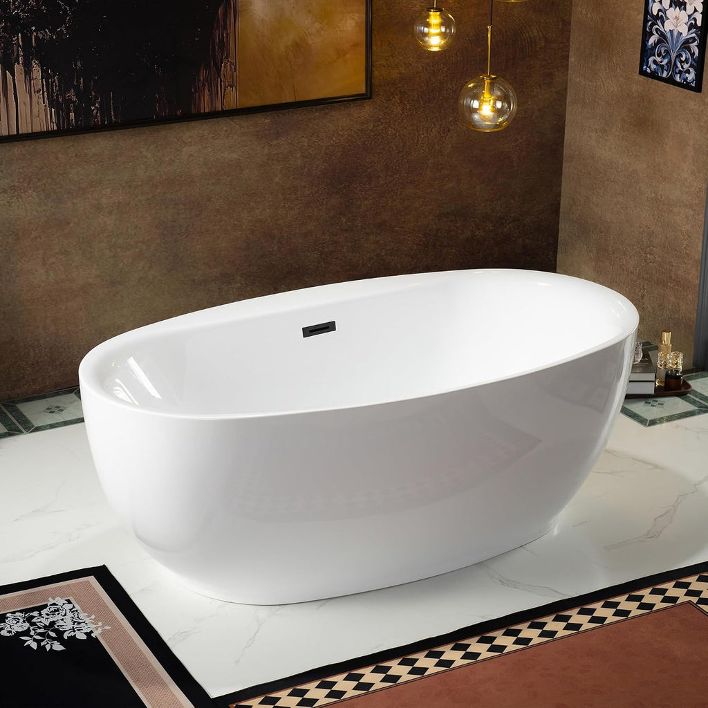 WOODBRIDGE 66' Acrylic Freestanding Bathtub Contemporary Soaking White Tub with Matte Black Overflow and Drain，B0027-MB