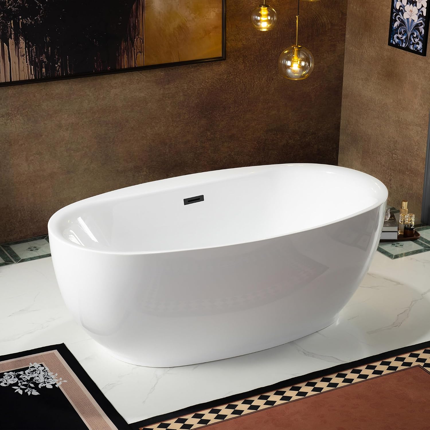 WOODBRIDGE 66' Acrylic Freestanding Bathtub Contemporary Soaking White Tub with Matte Black Overflow and Drain，B0027-MB