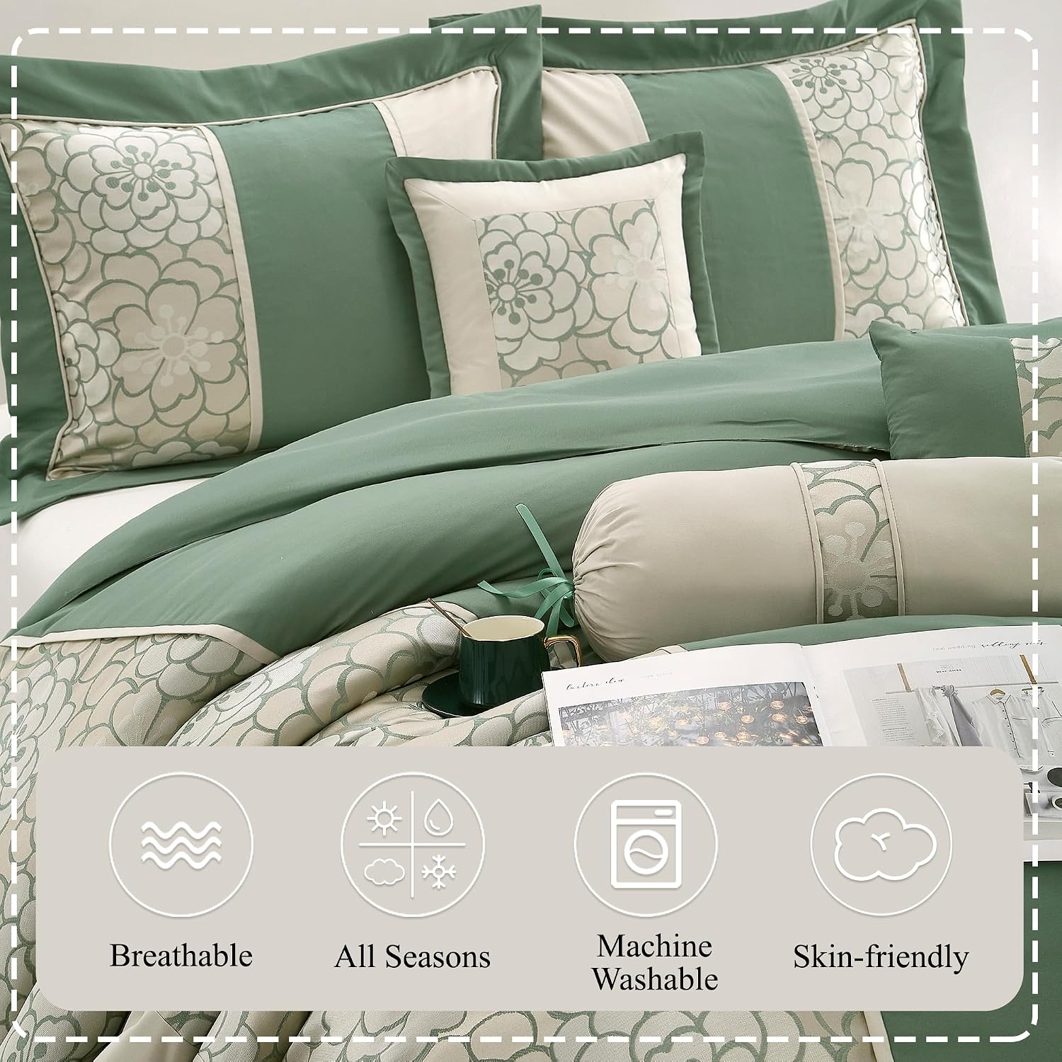 Stratford Park Green Comforter Set King Size, 7 Piece Jacquard Soft Bedding Set, All Season, Bedskirt, Pillows & Shams