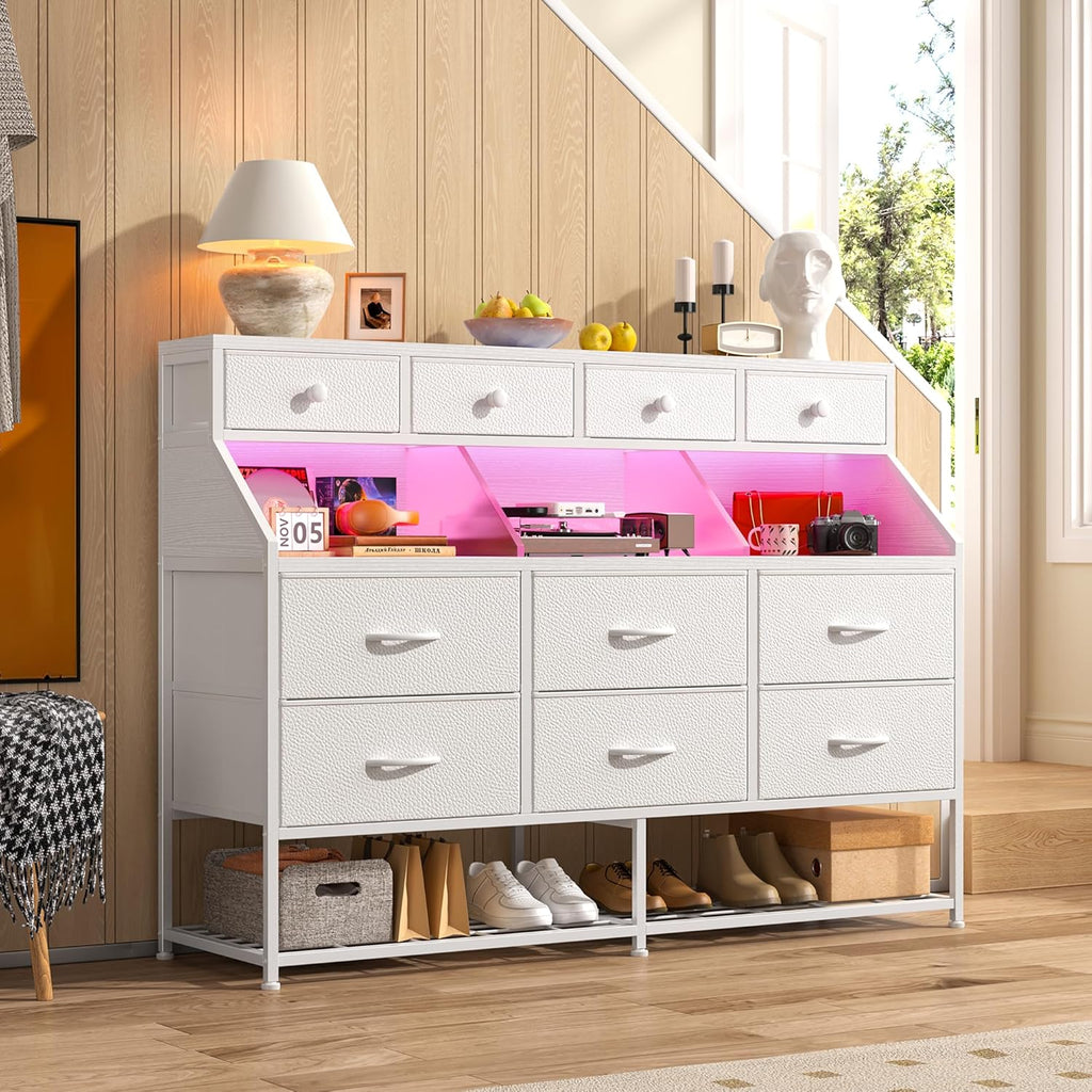 EnHomee Dresser for Bedroom with 10 Drawers & Shoe Rack Fabric Dressers & Chests of Drawers with LED Lights and Power Outlets Bedroom Dresser for Entryway, Hallway(White)