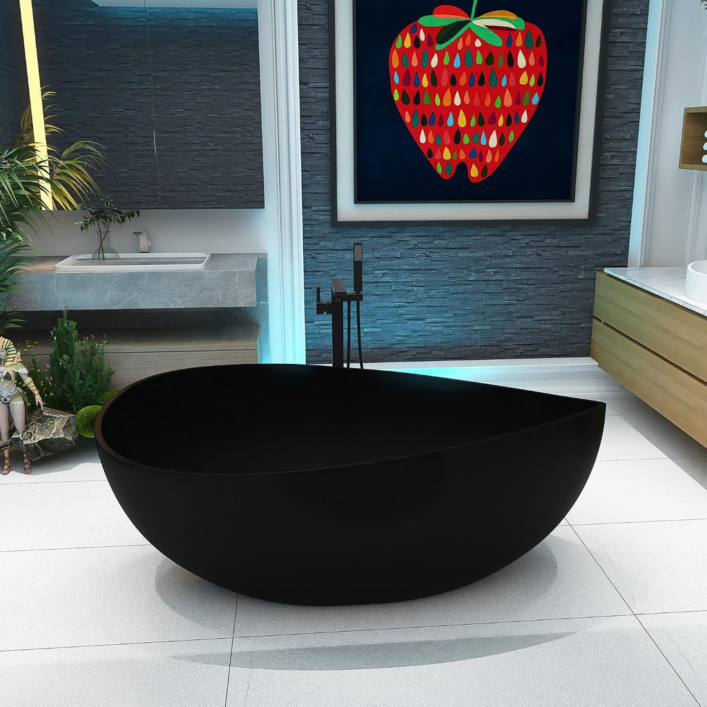 63'' Black Bathtub,Stone Resin Solid Surface Freestanding Bathtub, Modern Elegant Design Soaking Stand Alone Tub, Matte Black, Drain and Overflow Included