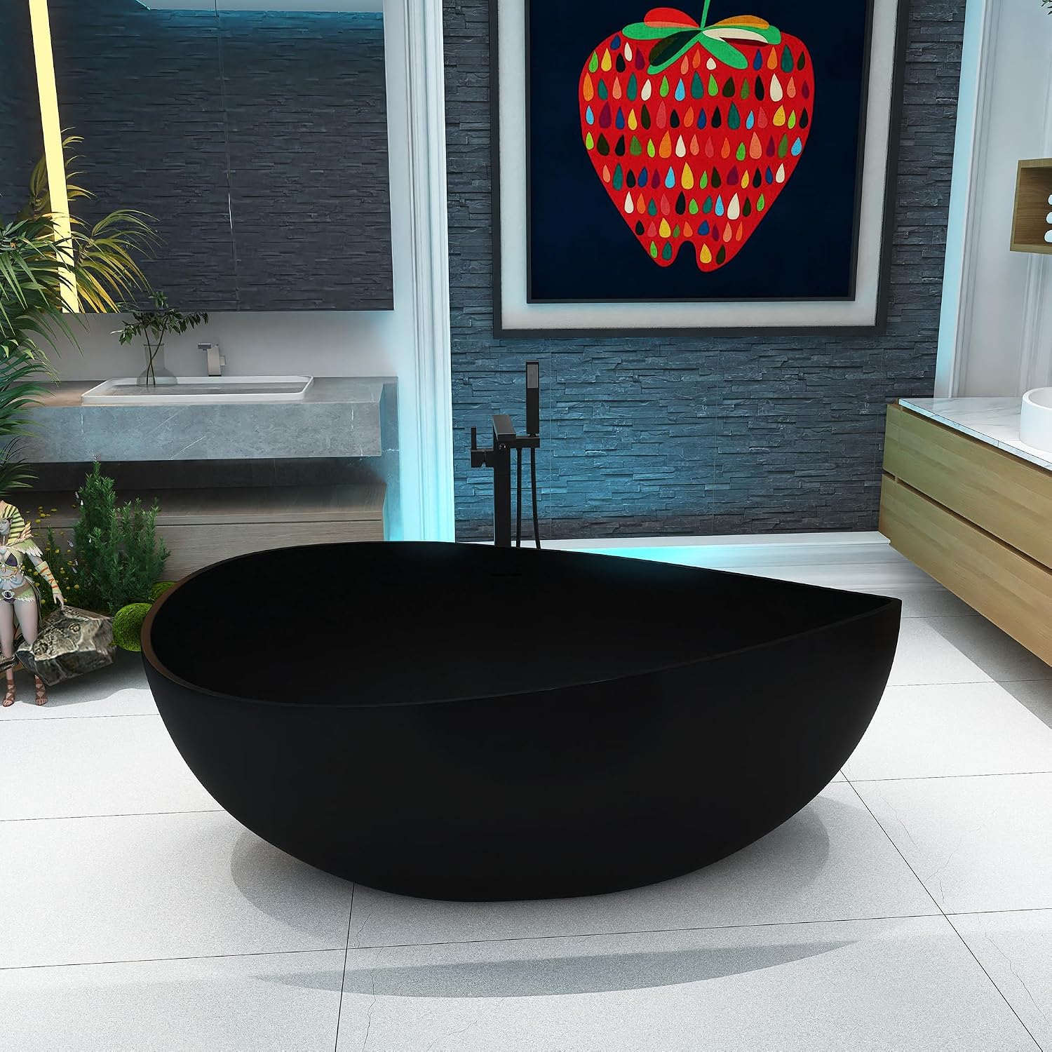 63'' Black Bathtub,Stone Resin Solid Surface Freestanding Bathtub, Modern Elegant Design Soaking Stand Alone Tub, Matte Black, Drain and Overflow Included