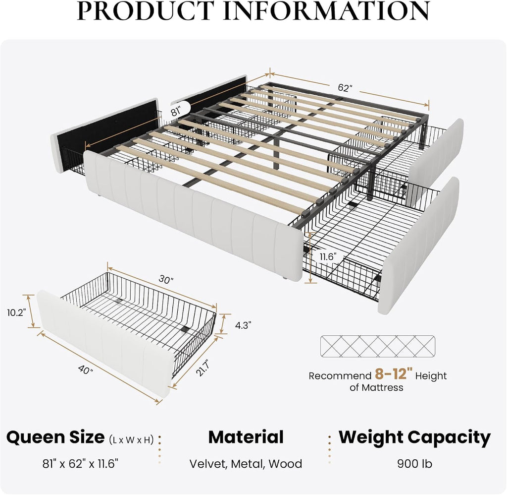 SHA CERLIN Queen Size Velvet Upholstered Platform Bed Frame with 4 Storage Drawers, Vertical Channel Tufted, Low Profile, Fits Standard Headboards, Wooden Slats Support, Easy Assembly, White