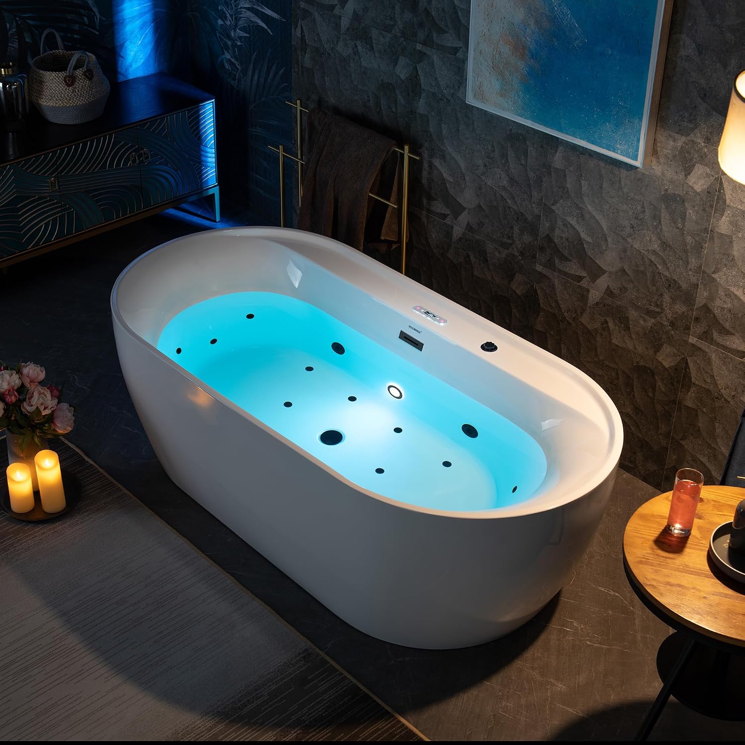 WOODBRIDGE 72' x 35-3/8' Whirlpool and Air Bath Heated Soaking Combination Tub with Adjustable Speed Air Blower and Display Control Panel, Matte Black Finish Trim and Drain Kit, BM500