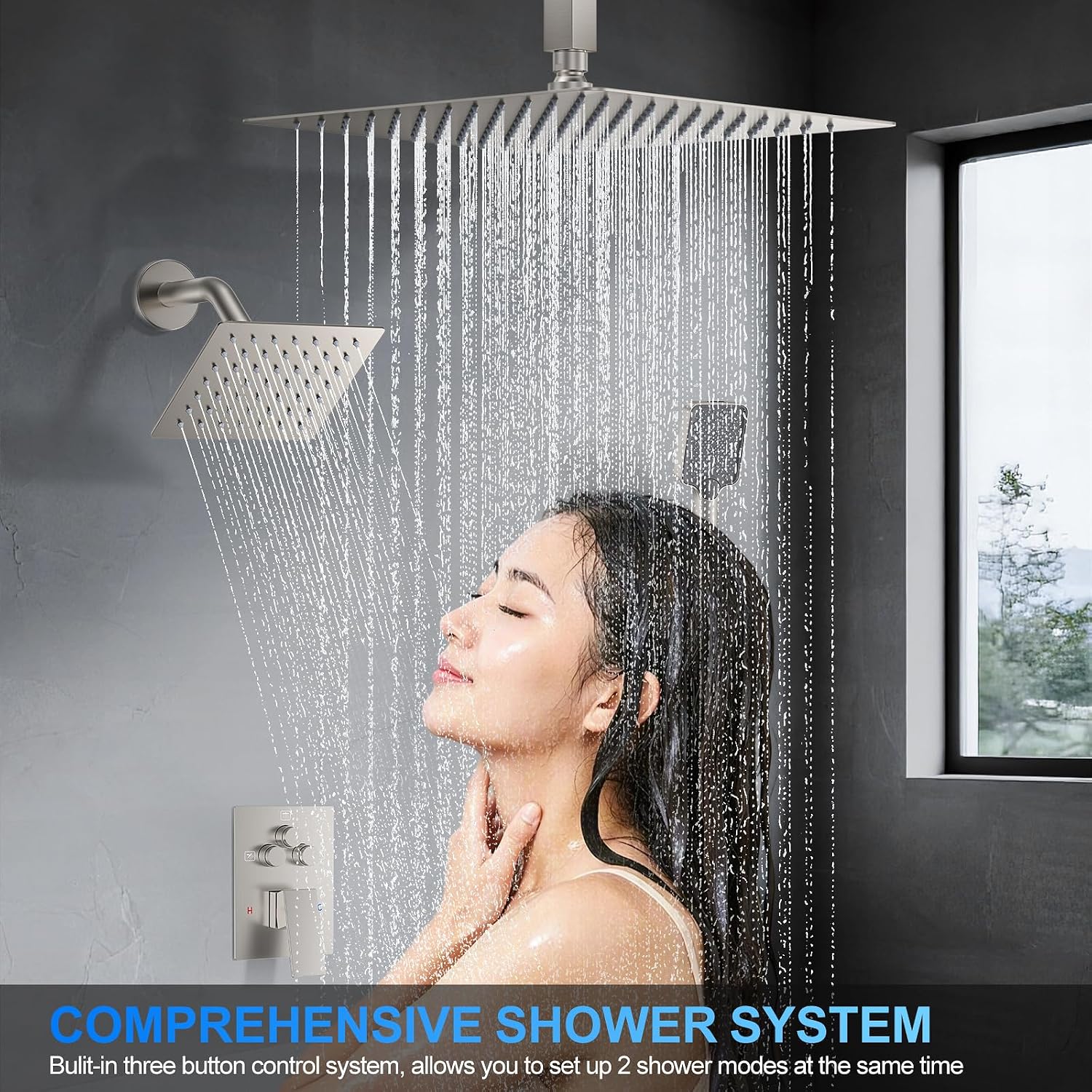 Shower Faucet Set, 12' Ceiling Mount Rainfall Shower System with 2 Rain Shower Head and Multi-function Handheld Head Push Button Diverter Shower Faucet Trim Kit (12', Brushed Nickel)