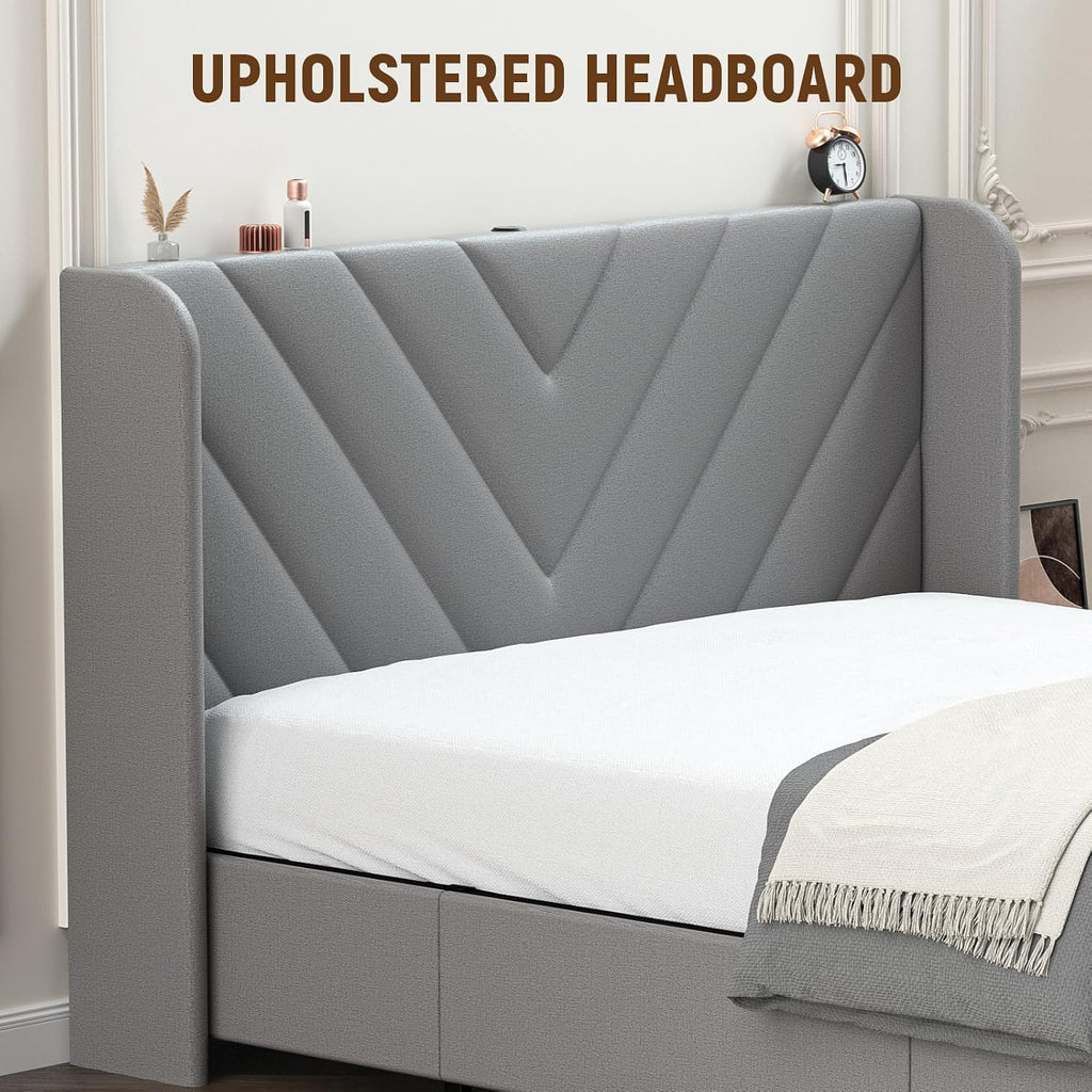 LUCKLIFE Queen Size Metal Bed Frame with Upholstered Headboard,Storage Drawers,USB&Type-C Charging Ports,No Box Spring Needed,Grey