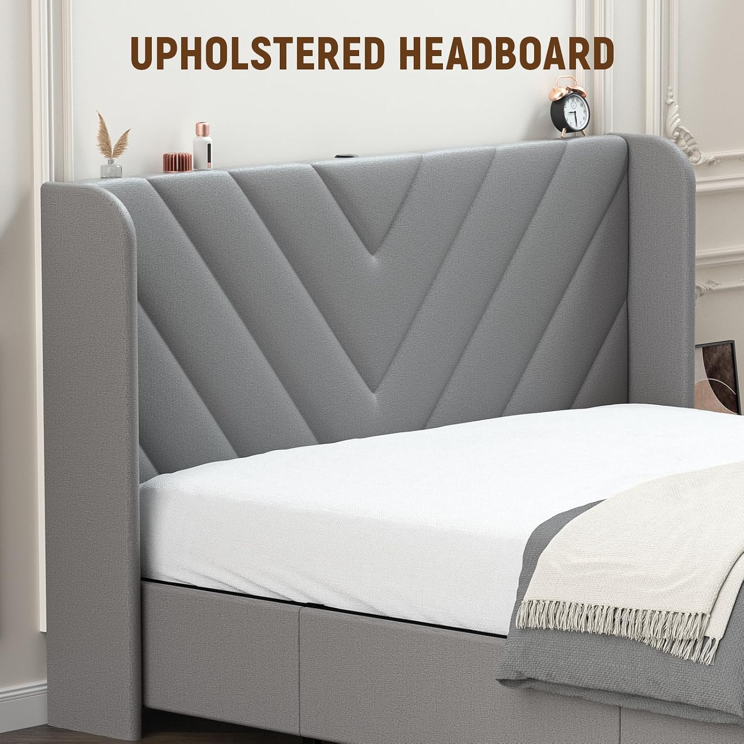 LUCKLIFE Queen Size Metal Bed Frame with Upholstered Headboard,Storage Drawers,USB&Type-C Charging Ports,No Box Spring Needed,Grey