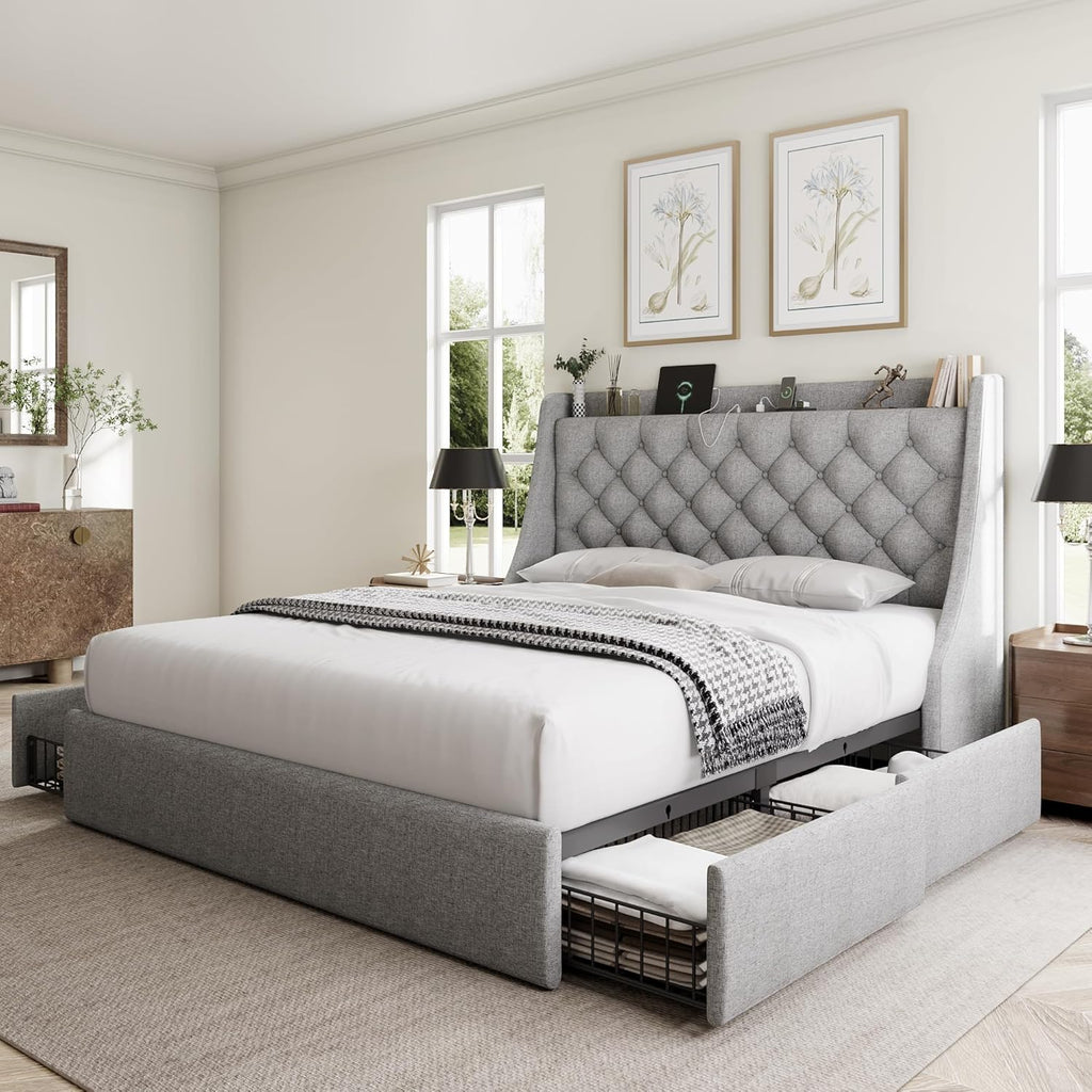 GalnFu Queen Bed Frame with 4 Storage Drawers, Giant Upholstered Wingback Headboard, Fast Charging Station, No Box Spring Needed, Noise-Free, Light Gray