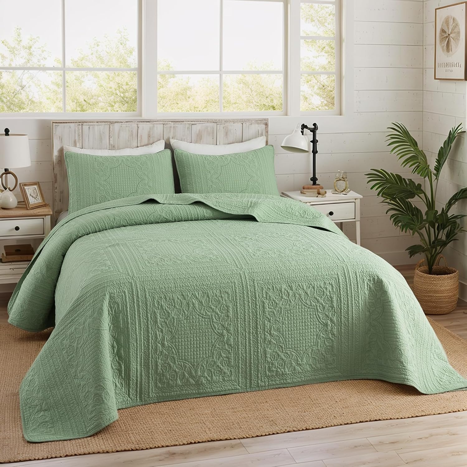 Brandream Queen Size Quilt Set Cotton Sage Green Quilts Cottage Core Bedding Matelasse Coverlet Set 3-Piece