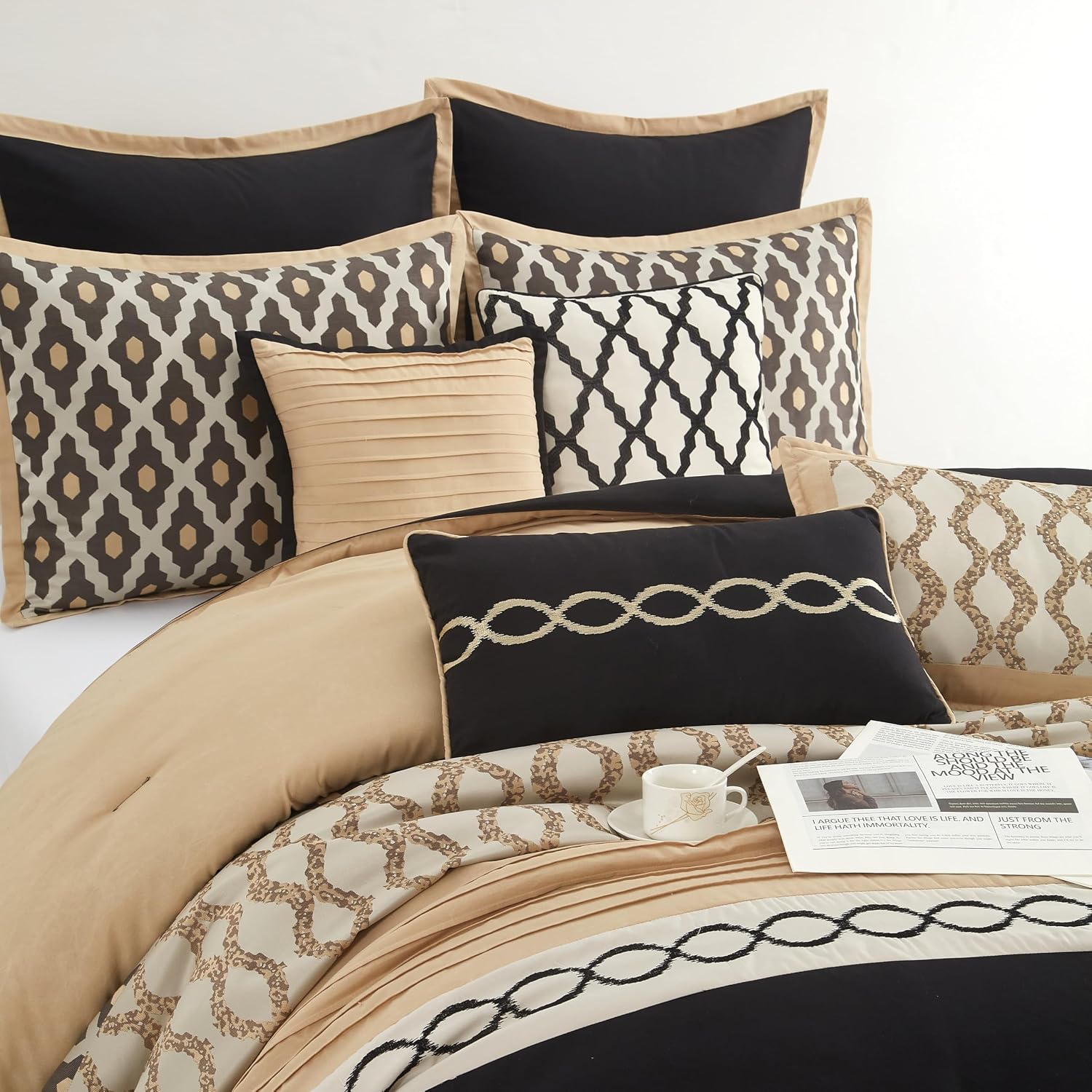 Grand Avenue Black Gold Queen Comforter Set, 10 Piece, Jacquard Bedding Comforters & Sets, Matching Bedskirt, Pillows & Shams, Ultra-Soft