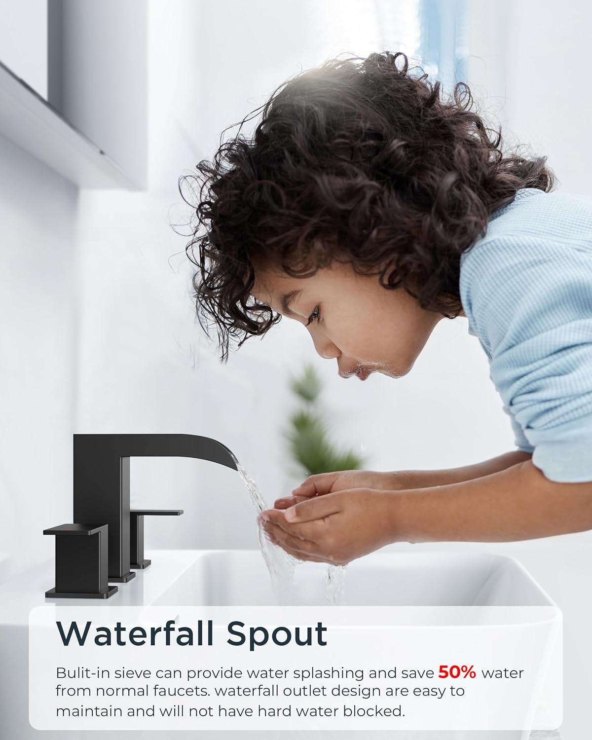 FORIOUS 2 Pack, Waterfall Bathroom Faucets 3 Hole, 8 Inch Widespread Square Matte Black Bathroom Sink Faucet with Metal Pop-up Drain and cUPC Supply Lines, Two Handles for Vanity, Restroom, Commercial