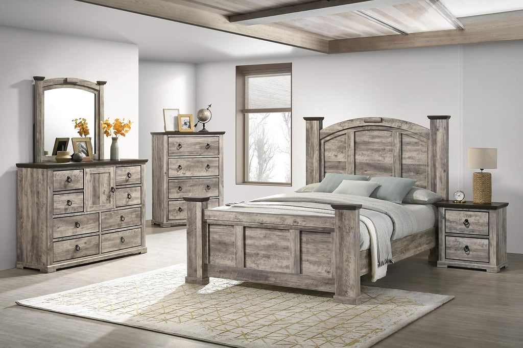 Generic Rustic Gray Poster Queen Size 6pc Panel Bed Set Storage Wooden Master Bedroom Furniture, Grey