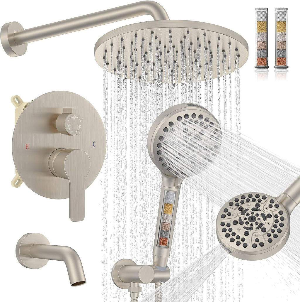 Iriber Brushed Nickel Bathtub Shower Faucet Set，Bathroom Shower System with Tub Spout ，Filtered Shower Head with Handheld, 9 Spray Mode Showerhead,Shower Valve Trim Kit Contain Cartridge,10 Inch