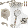 Iriber Brushed Nickel Bathtub Shower Faucet Set，Bathroom Shower System with Tub Spout ，Filtered Shower Head with Handheld, 9 Spray Mode Showerhead,Shower Valve Trim Kit Contain Cartridge,10 Inch