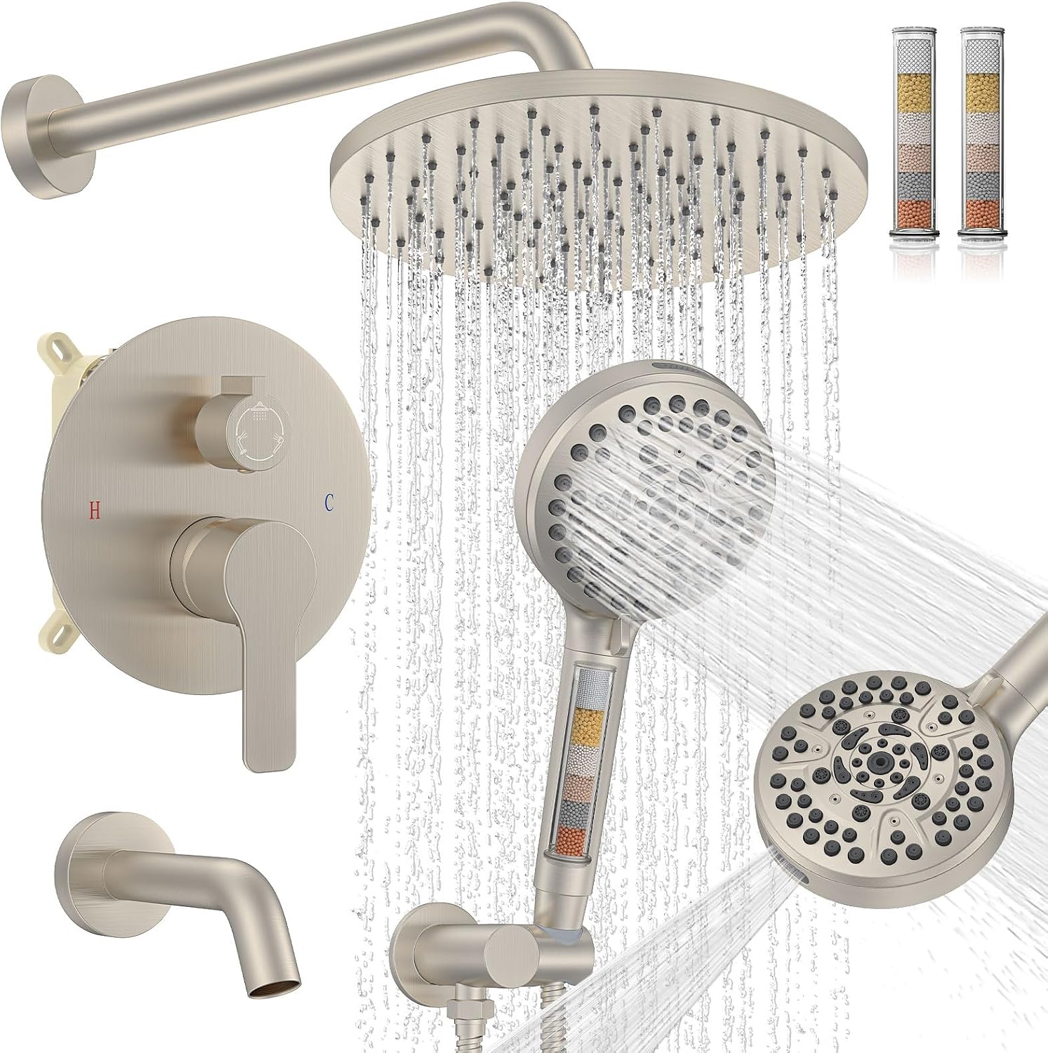 Iriber Brushed Nickel Bathtub Shower Faucet Set，Bathroom Shower System with Tub Spout ，Filtered Shower Head with Handheld, 9 Spray Mode Showerhead,Shower Valve Trim Kit Contain Cartridge,10 Inch