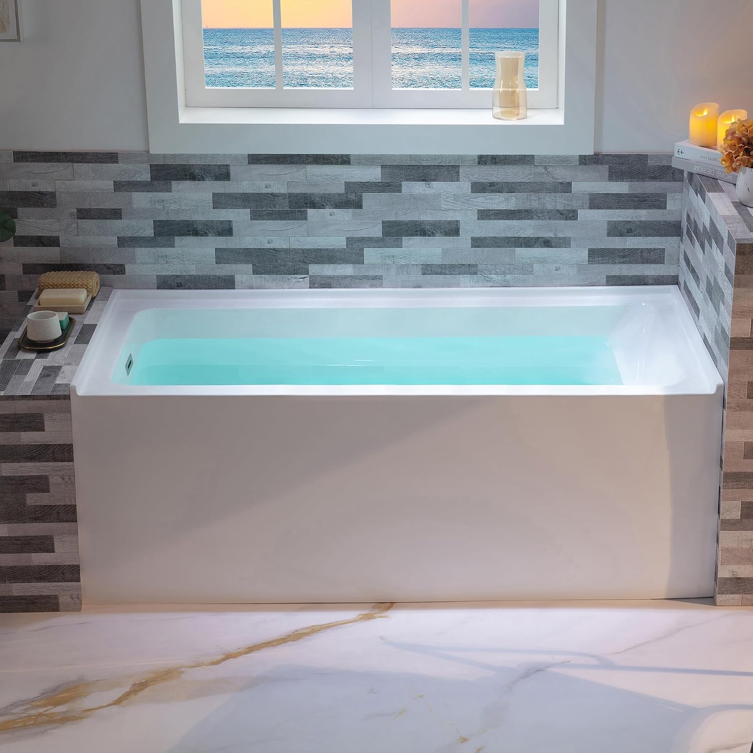 WOODBRIDGE 60' Acrylic Rectangular Alcove Soaking Bathtub in White with Left Drain, Brushed Nickel pop-up Drain Included, LB428-L
