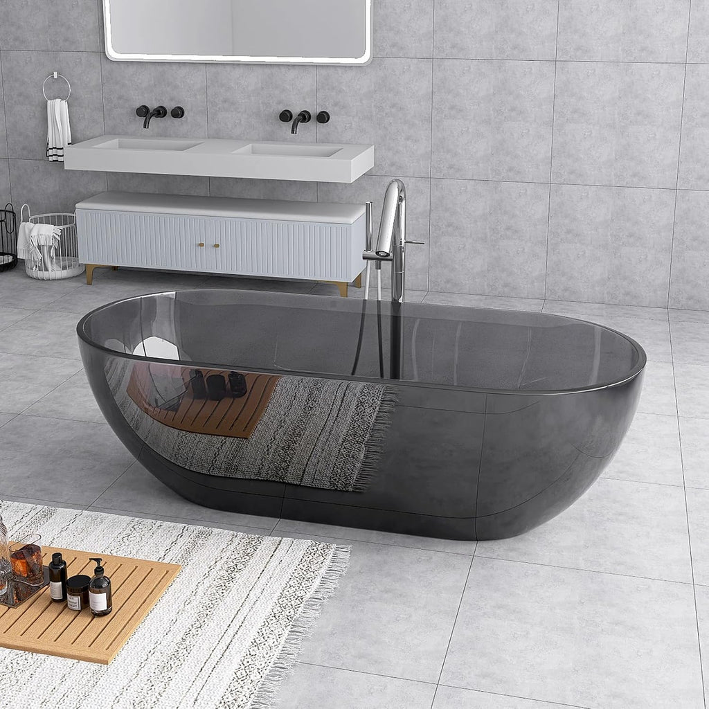 69'' Grey Freestanding Tubs Bathtub Solid Surface Resin Stone Bathtubs soaker Tubs Oval Shaped Matte Luxury Modern Soaking Tub with Overflow and Pop-up Drain