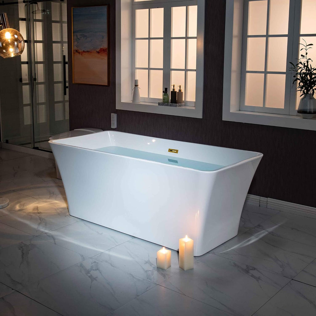 WOODBRIDGE 59' Acrylic Freestanding Bathtub Contemporary Soaking White Tub with Brushed Gold Overflow and Drain，BTA1509 -BG-Drain &O
