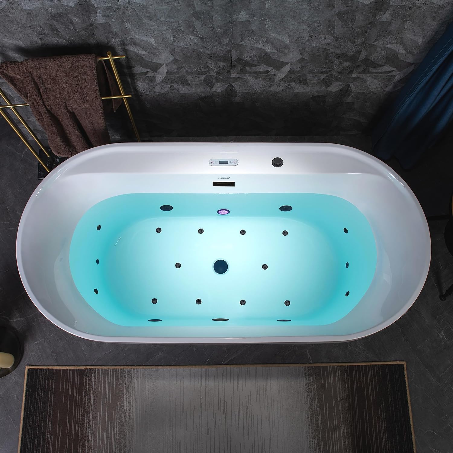 WOODBRIDGE 72' x 35-3/8' Whirlpool and Air Bath Heated Soaking Combination Tub with Adjustable Speed Air Blower and Display Control Panel, Matte Black Finish Trim and Drain Kit,BM-500