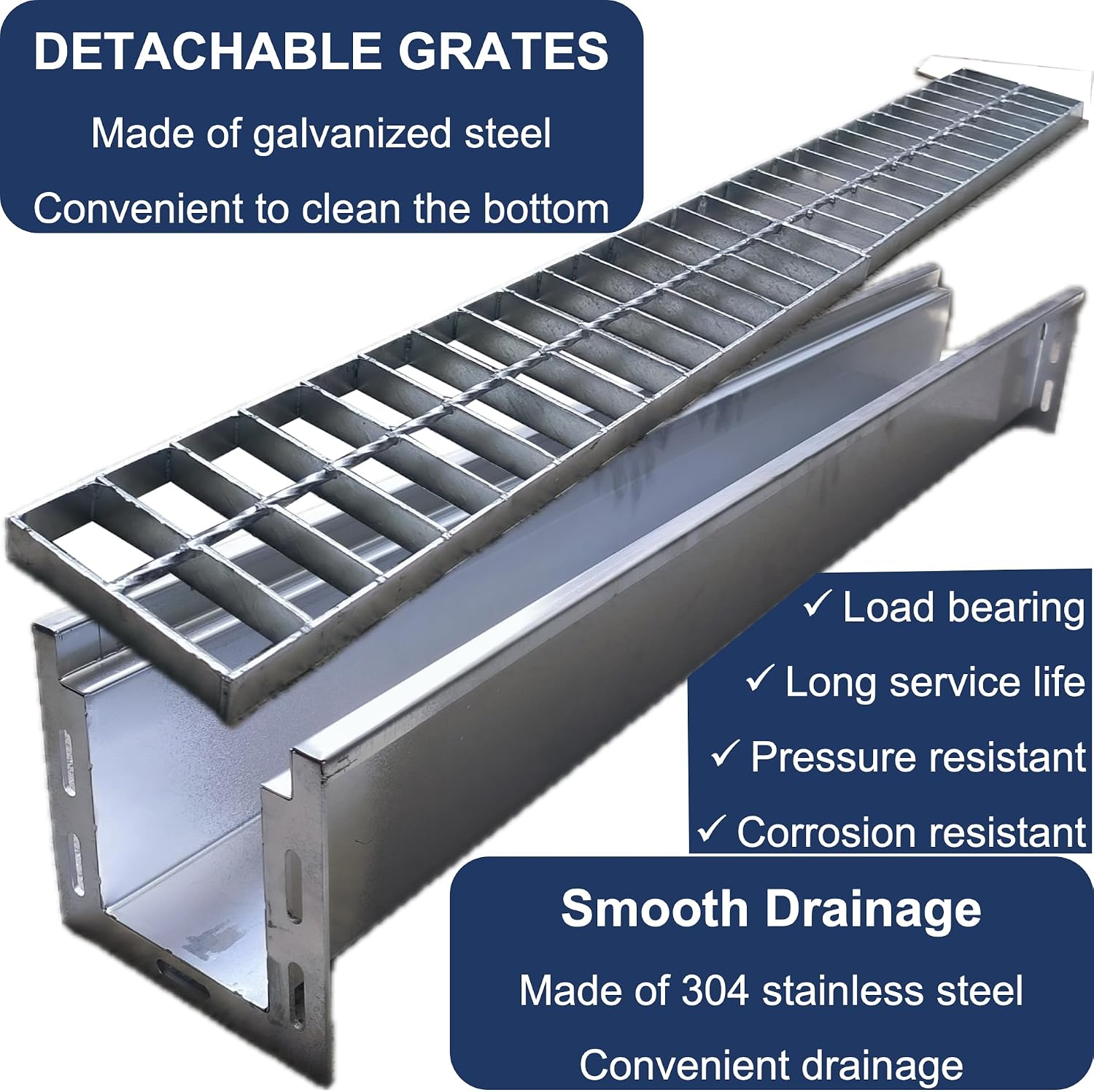 304 Stainless Steel Channel Drain with Galvanized Steel Grate 39.4x5.9x5.5 in, B-Class 28100 lbs Heavy-Duty Drain Kit for 3' Pipe, Trench Drainage System for Outdoor, Driveway, Garage 2pcs