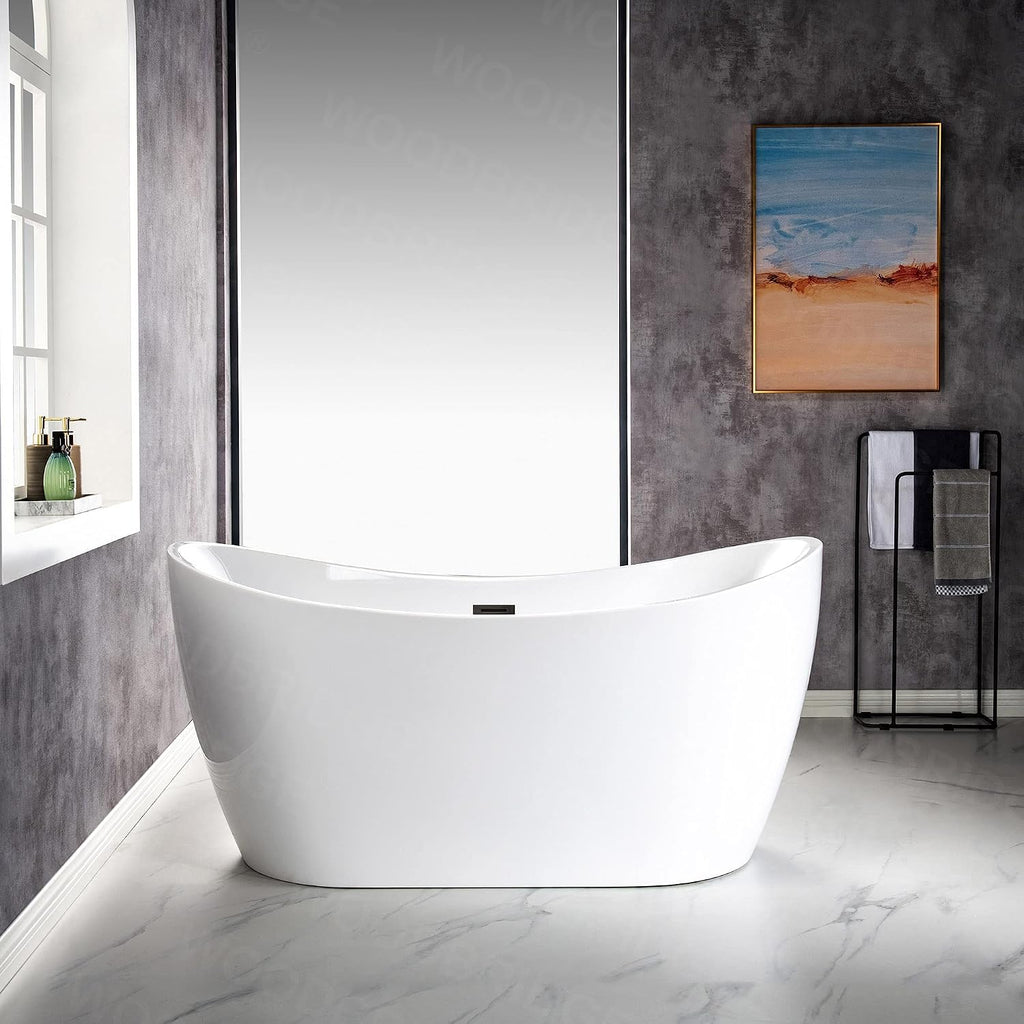 WOODBRIDGE 59' Acrylic Freestanding Bathtub Contemporary Soaking White Tub with Matte Black Overflow and Drain,B0016-MB