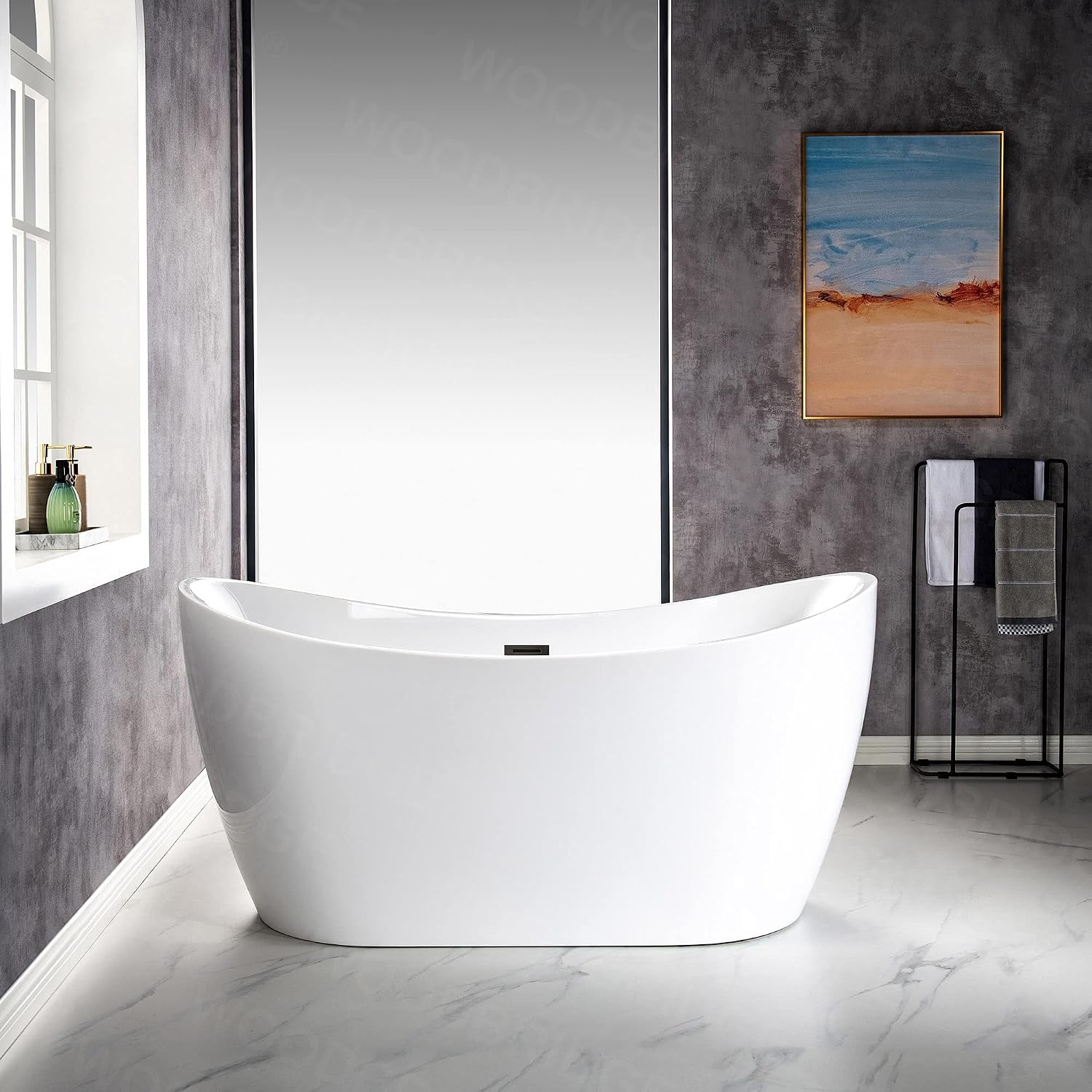 WOODBRIDGE 59'Freestanding White Acylic Soaking Bathtub with Matte Black Drain and Overflow,B0011-MB