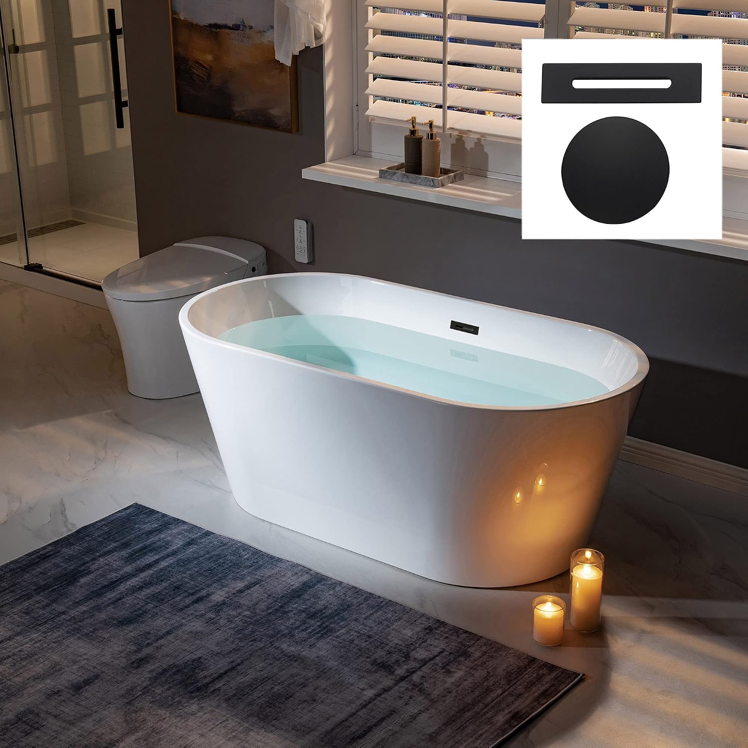 WOODBRIDGE 59' Acrylic Freestanding Bathtub Contemporary Soaking White Tub with Matte Black Overflow and Drain，B0014-MB-Drain &O