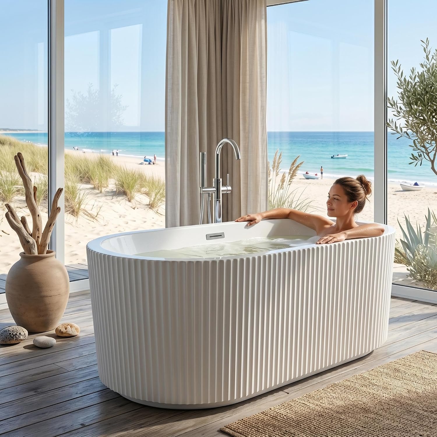 67' Acrylic Freestanding Soaking Bathtub, Deep Ergonomic Design with Lumbar Support, Integrated Overflow Drain, Non-Slip Base,cUPC Certified Modern Bathroom Tub, Easy Installation for Bathroom